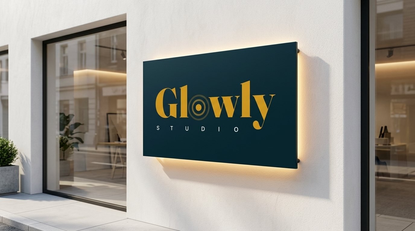 Glowly Studio illuminated sign on a studio storefront